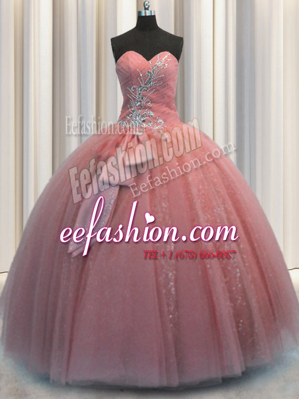  Watermelon Red Sweetheart Lace Up Beading and Sequins and Bowknot Quinceanera Gowns Sleeveless