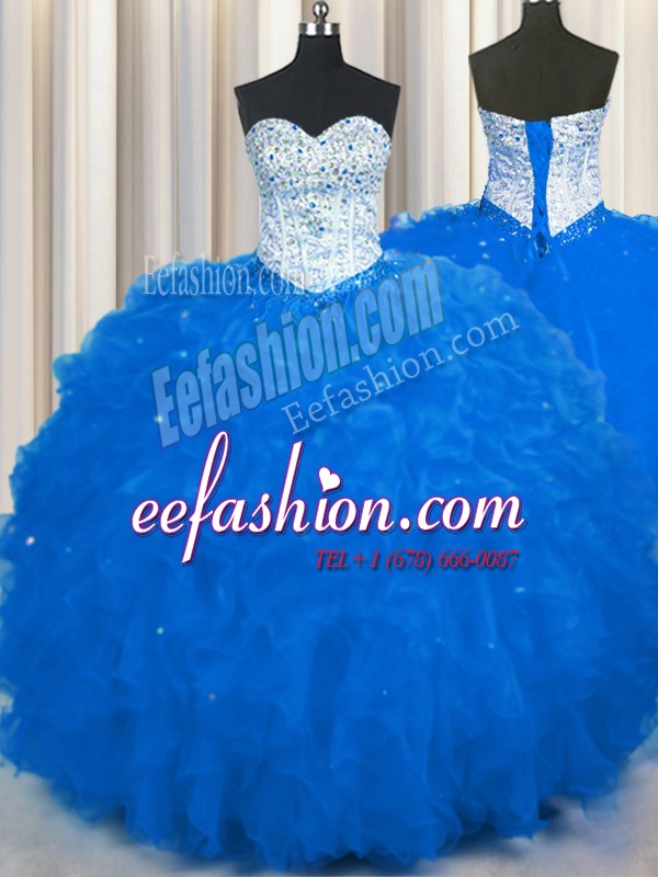 Fine Floor Length Royal Blue Ball Gown Prom Dress Tulle Sleeveless Beading and Ruffles