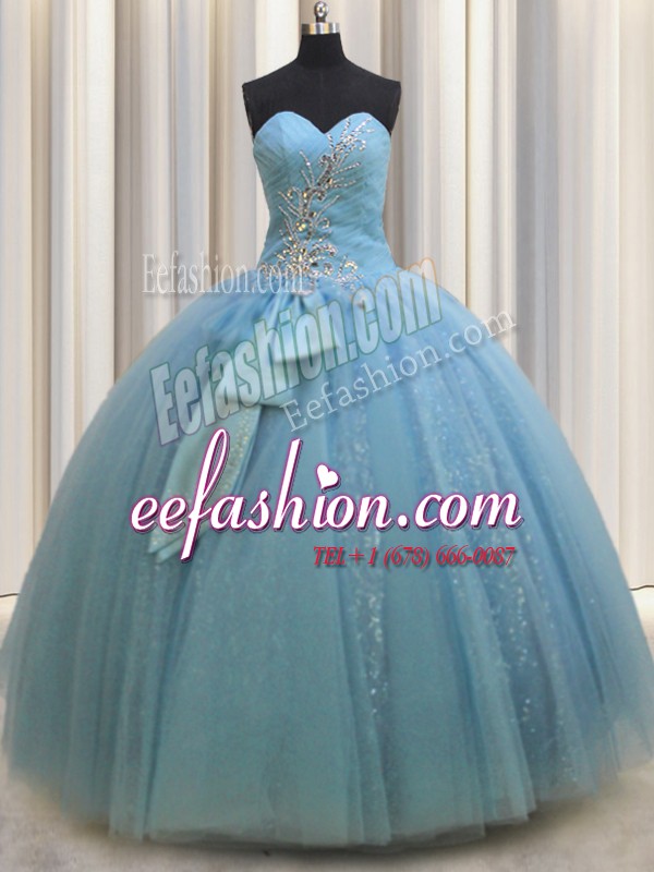 Flirting Baby Blue Ball Gowns Beading and Sequins and Bowknot 15th Birthday Dress Lace Up Tulle Sleeveless Floor Length