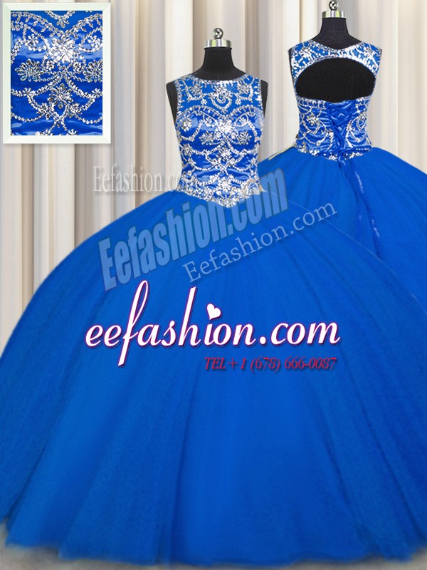 Perfect Scoop Royal Blue Ball Gowns Beading Ball Gown Prom Dress Lace Up Tulle Sleeveless Floor Length