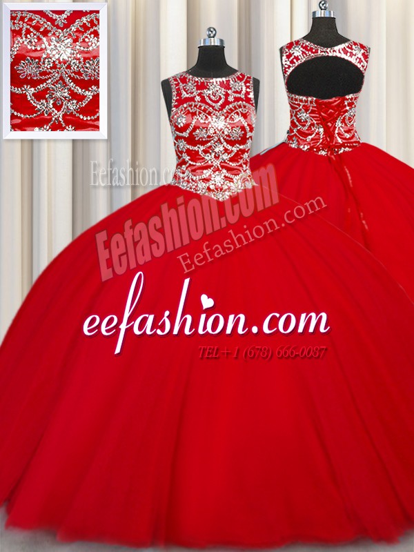  Floor Length Red Quince Ball Gowns Scoop Sleeveless Lace Up