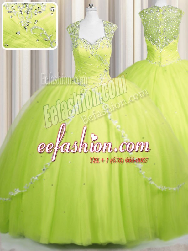 Traditional Zipper Up Cap Sleeves With Train Beading and Appliques Zipper Sweet 16 Dress with Yellow Green Brush Train