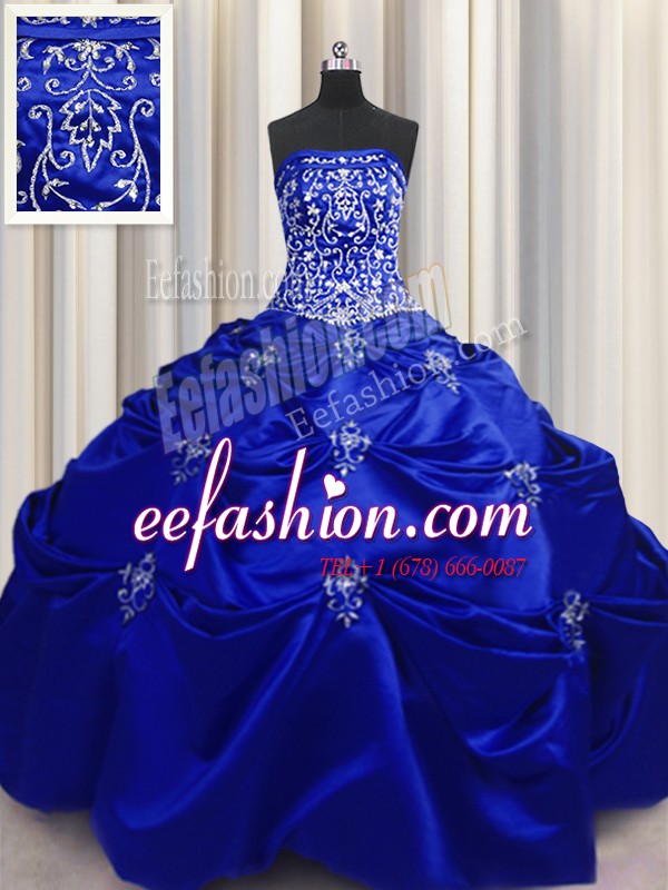  Taffeta Strapless Sleeveless Lace Up Beading and Appliques and Embroidery Sweet 16 Quinceanera Dress in Royal Blue
