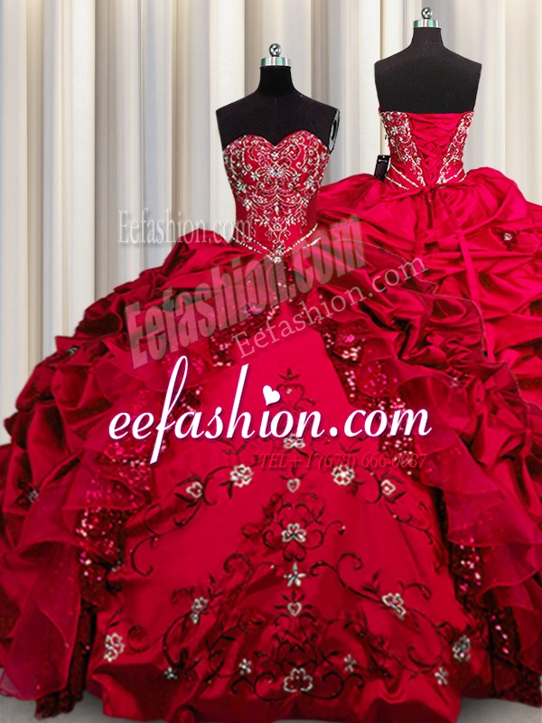  Embroidery Sequins Floor Length Red 15th Birthday Dress Taffeta Sleeveless Beading and Appliques and Ruffles