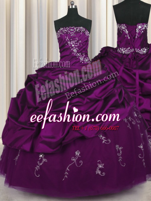 Amazing Pick Ups Embroidery Strapless Sleeveless Lace Up 15th Birthday Dress Purple Taffeta
