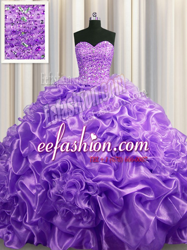  Sweetheart Sleeveless 15 Quinceanera Dress With Train Court Train Beading and Pick Ups Lavender Organza