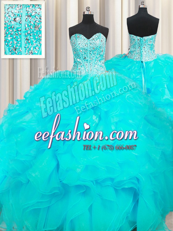  Visible Boning Beaded Bodice Floor Length Ball Gowns Sleeveless Aqua Blue Quinceanera Gowns Lace Up