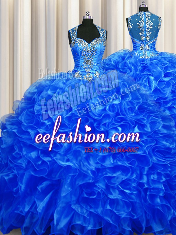  Zipper Up See Through Back Royal Blue Quinceanera Gowns Military Ball and Sweet 16 and Quinceanera and For with Beading and Ruffles Straps Sleeveless Sweep Train Zipper