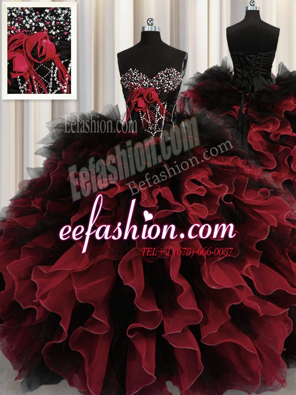 Shining Red And Black Sleeveless Floor Length Beading and Ruffles Lace Up Quinceanera Gown