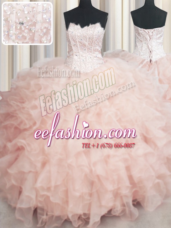  Visible Boning Scalloped Floor Length Ball Gowns Sleeveless Peach Quinceanera Dress Lace Up