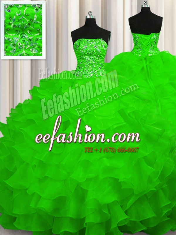 Organza Lace Up Strapless Sleeveless Sweet 16 Dresses Sweep Train Beading and Ruffles