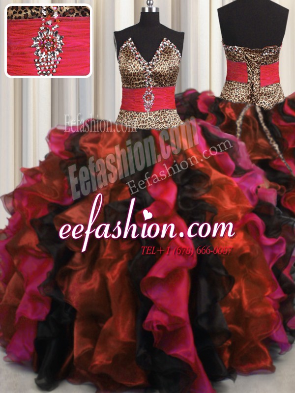 Dazzling Leopard V-neck Sleeveless Lace Up Sweet 16 Dresses Multi-color Organza