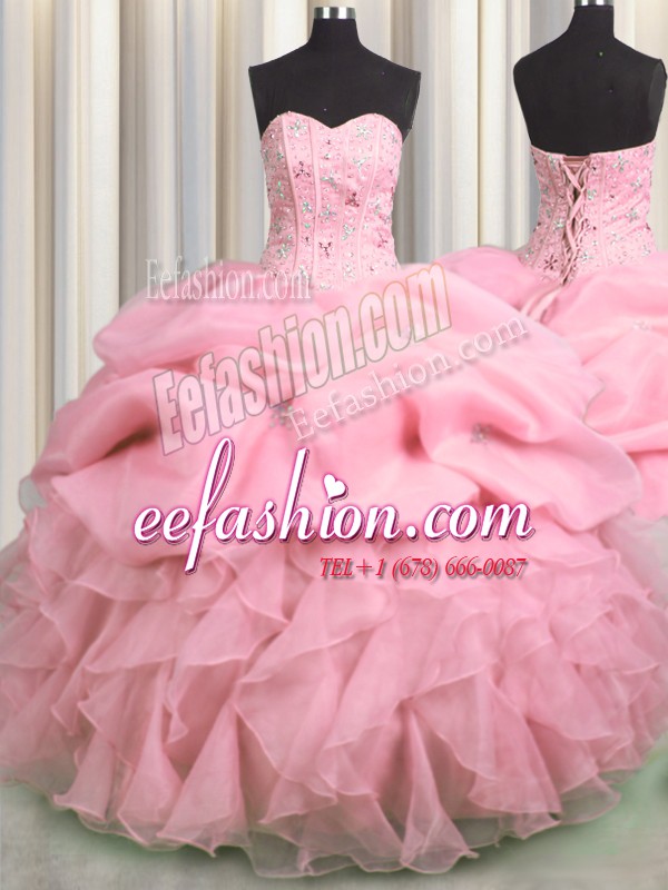 Ideal Visible Boning Rose Pink Organza Lace Up Sweet 16 Dresses Sleeveless Floor Length Beading and Ruffles and Pick Ups