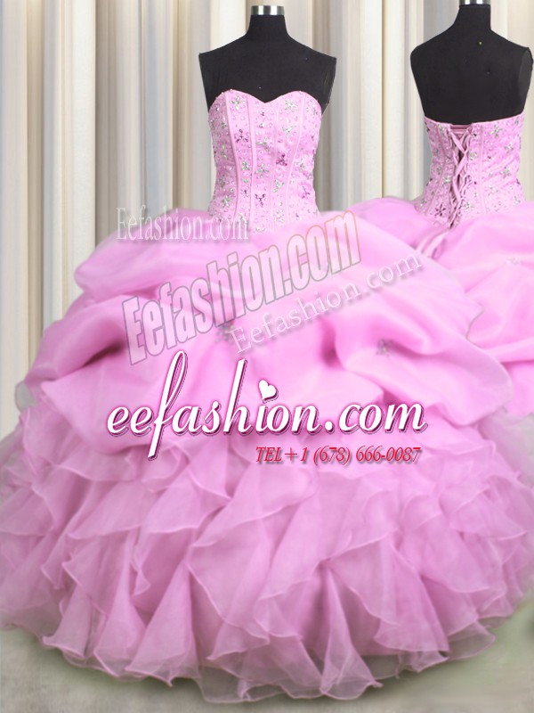  Pick Ups Visible Boning Ball Gowns Sweet 16 Quinceanera Dress Lilac Sweetheart Organza Sleeveless Floor Length Lace Up