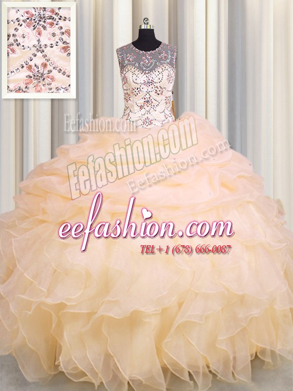  Scoop See Through Beading and Ruffles and Pick Ups Ball Gown Prom Dress Peach Lace Up Sleeveless Floor Length