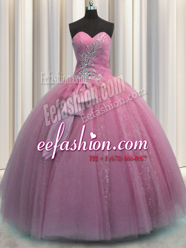 Sleeveless Beading and Sequins and Bowknot Lace Up Ball Gown Prom Dress