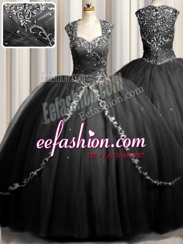  Zipple Up Cap Sleeves Beading and Appliques Zipper Quinceanera Dresses with Black Brush Train