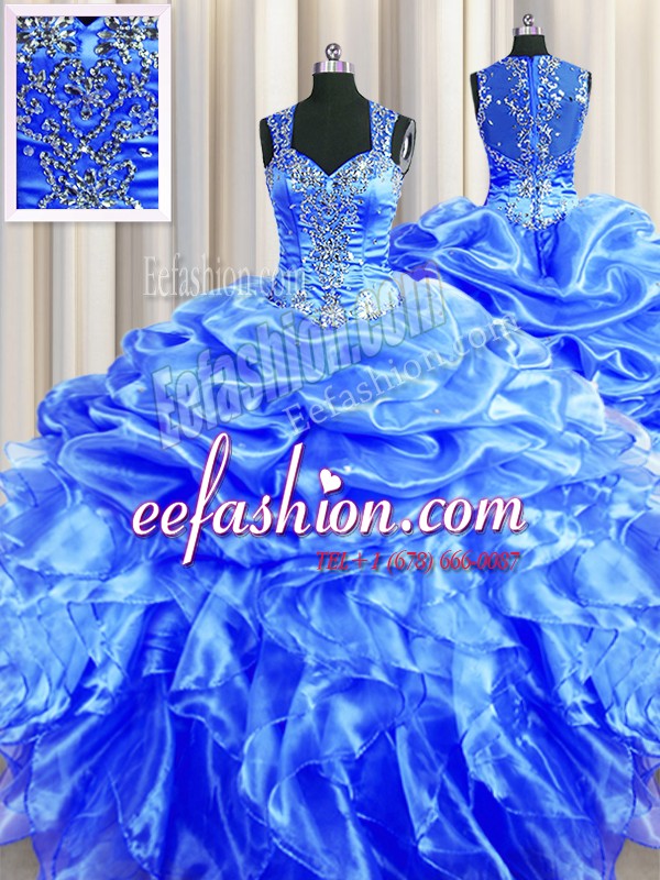  Zipper Up See Through Back Blue Sleeveless Beading and Ruffles and Pick Ups Floor Length 15 Quinceanera Dress
