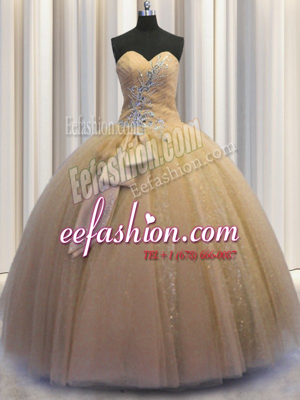 Sexy Bowknot Ball Gowns Sweet 16 Quinceanera Dress Champagne Sweetheart Tulle and Sequined Sleeveless Floor Length Lace Up