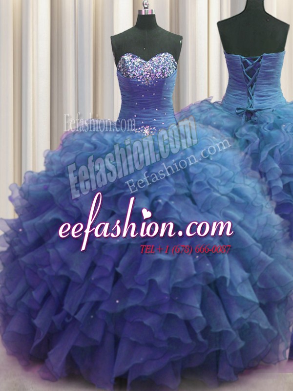 Low Price Beaded Bust Beading and Ruffles Sweet 16 Dresses Blue Lace Up Sleeveless Floor Length