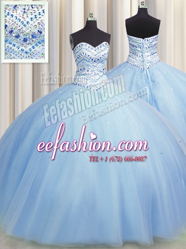 Bling-bling Big Puffy Floor Length Lace Up Quinceanera Dress Light Blue for Military Ball and Sweet 16 and Quinceanera with Beading