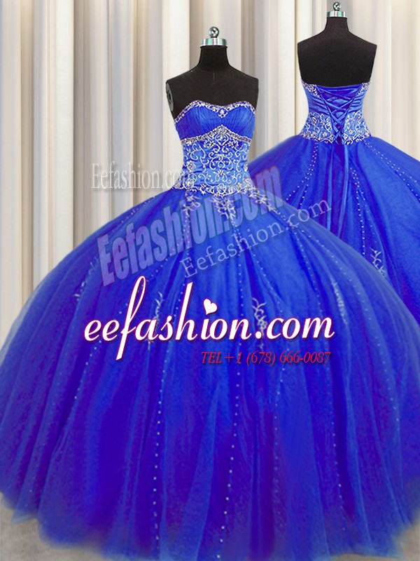 Custom Designed Puffy Skirt Beading and Appliques Quinceanera Dresses Royal Blue Lace Up Sleeveless Floor Length