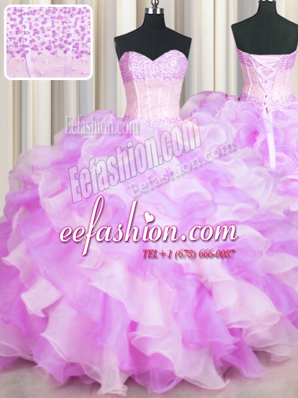 Pretty Visible Boning Two Tone Floor Length Multi-color Sweet 16 Quinceanera Dress Organza Sleeveless Beading and Ruffles