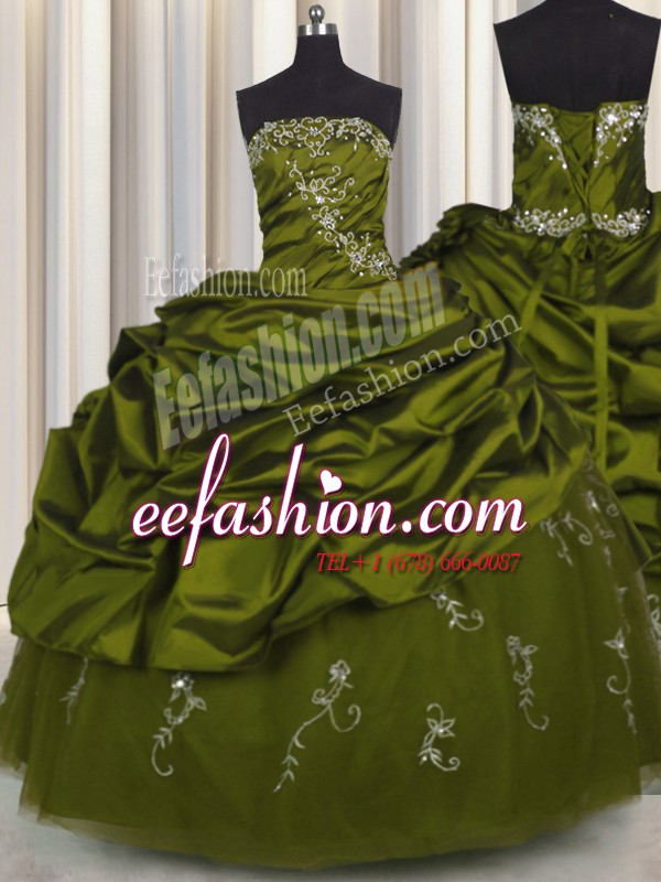 Eye-catching Embroidery Beading and Appliques and Pick Ups Quinceanera Gowns Olive Green Lace Up Sleeveless Floor Length