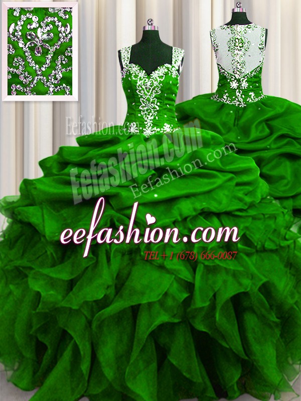 Delicate See Through Back Sleeveless Floor Length Beading and Ruffles and Sequins and Pick Ups Zipper Quinceanera Gown with Green
