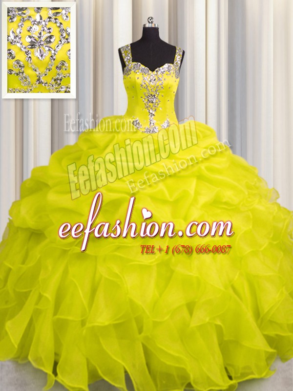 Admirable See Through Zipper Up Yellow Sleeveless Organza Zipper Vestidos de Quinceanera for Military Ball and Sweet 16 and Quinceanera