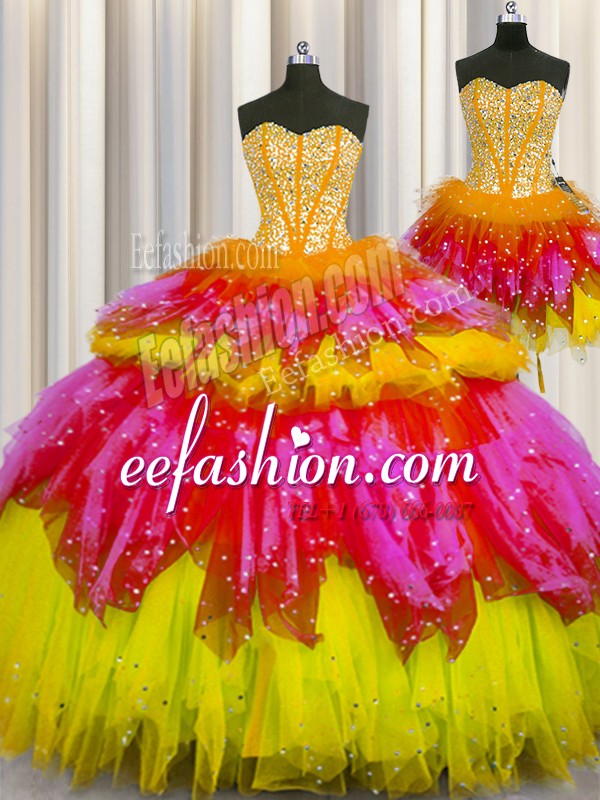  Three Piece Visible Boning Floor Length Ball Gowns Sleeveless Multi-color Quince Ball Gowns Lace Up