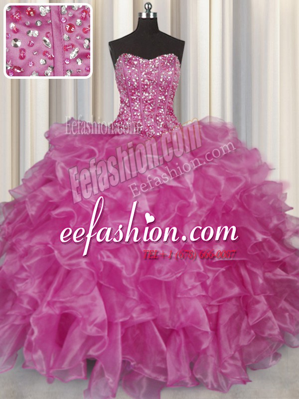  Visible Boning Fuchsia Sleeveless Organza Lace Up 15th Birthday Dress for Military Ball and Sweet 16 and Quinceanera