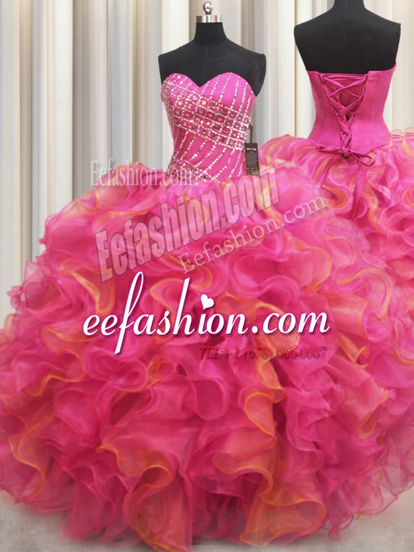  Hot Pink Sweetheart Lace Up Beading and Ruffles Quinceanera Dresses Sleeveless