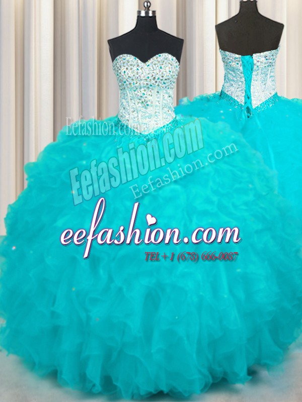 Spectacular Aqua Blue Ball Gowns Sweetheart Sleeveless Tulle Floor Length Lace Up Beading and Ruffles 15 Quinceanera Dress