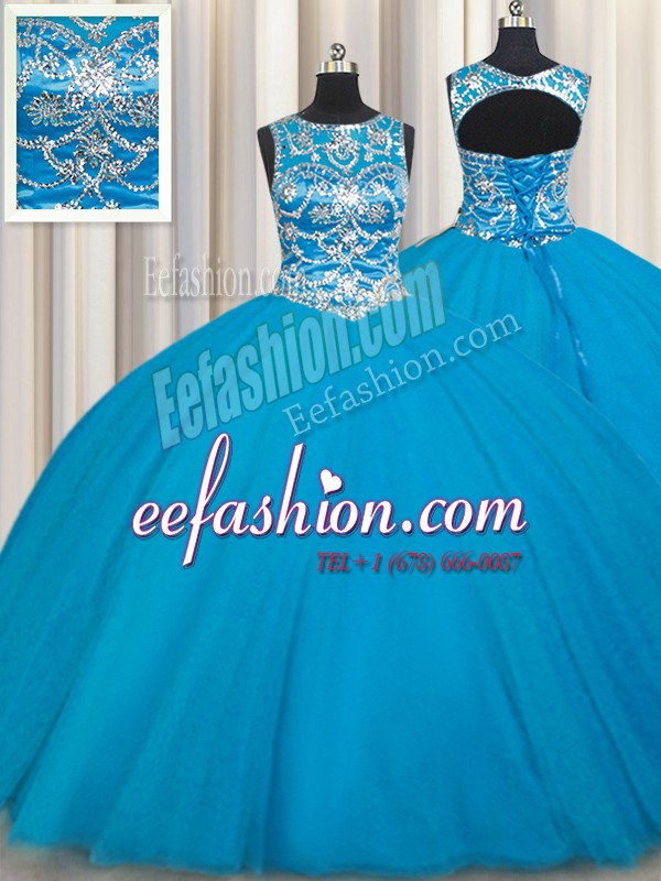Enchanting Teal Scoop Neckline Beading Quinceanera Dress Sleeveless Lace Up