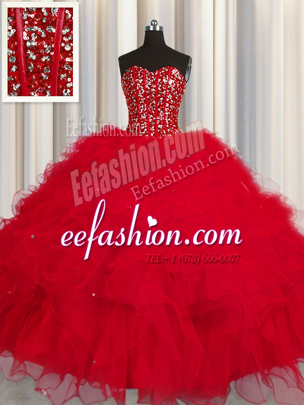 Pretty Visible Boning Beading and Ruffles and Sequins Sweet 16 Dresses Red Lace Up Sleeveless Floor Length