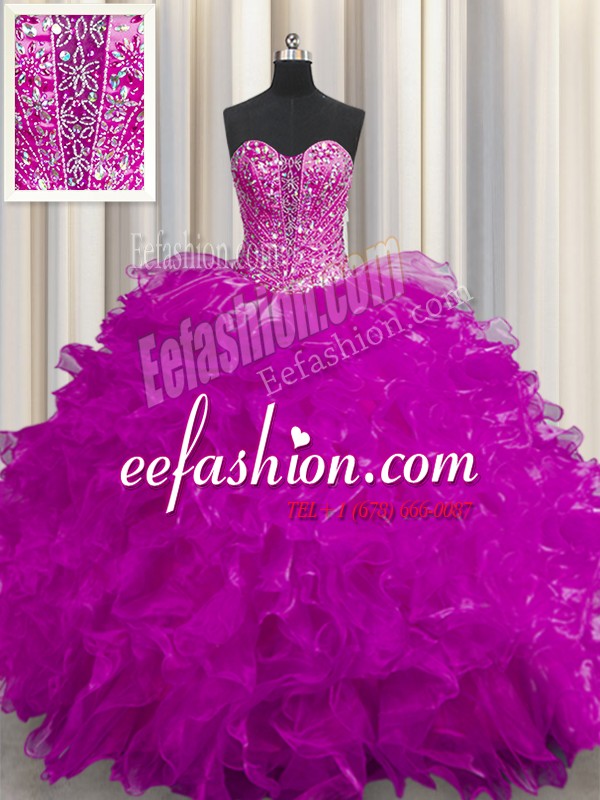  See Through Fuchsia Organza Lace Up Sweet 16 Quinceanera Dress Sleeveless Floor Length Beading and Ruffles