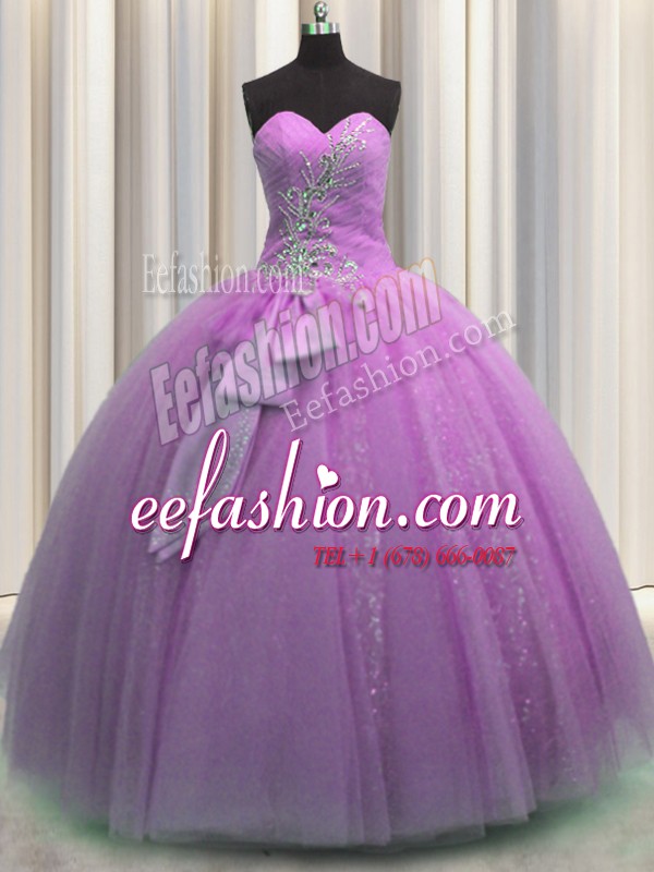 Lilac Sleeveless Floor Length Beading and Sequins and Bowknot Lace Up Sweet 16 Dresses