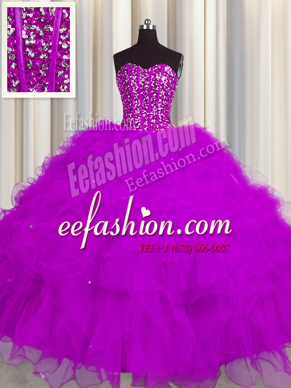  Visible Boning Fuchsia Sleeveless Beading and Ruffles and Sequins Floor Length 15th Birthday Dress