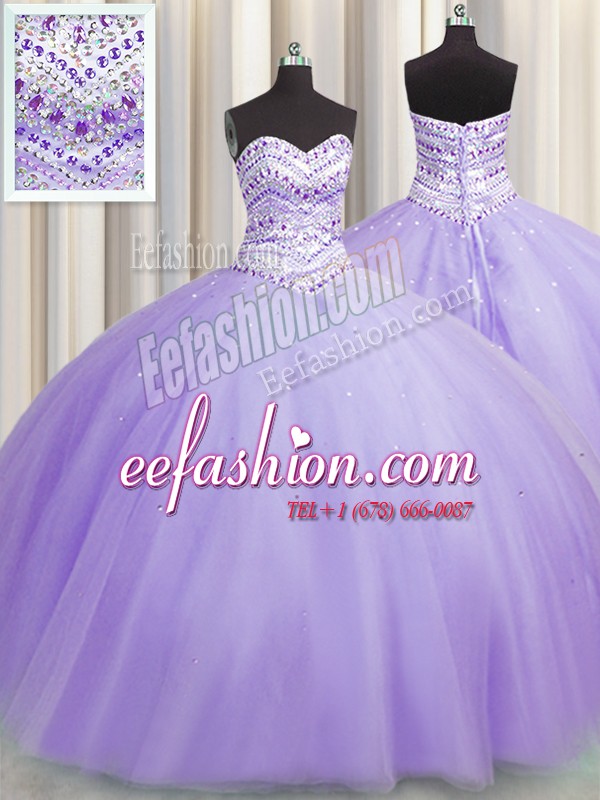  Bling-bling Puffy Skirt Floor Length Ball Gowns Sleeveless Lavender Quinceanera Dress Lace Up