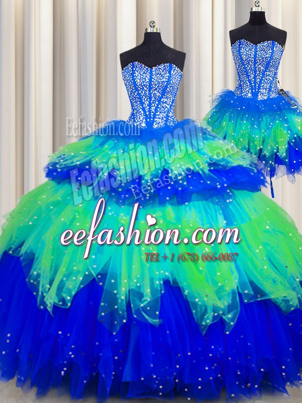 Beautiful Three Piece Visible Boning Multi-color Ball Gowns Sweetheart Sleeveless Tulle Floor Length Lace Up Beading and Ruffles and Ruffled Layers and Sequins Quinceanera Gown