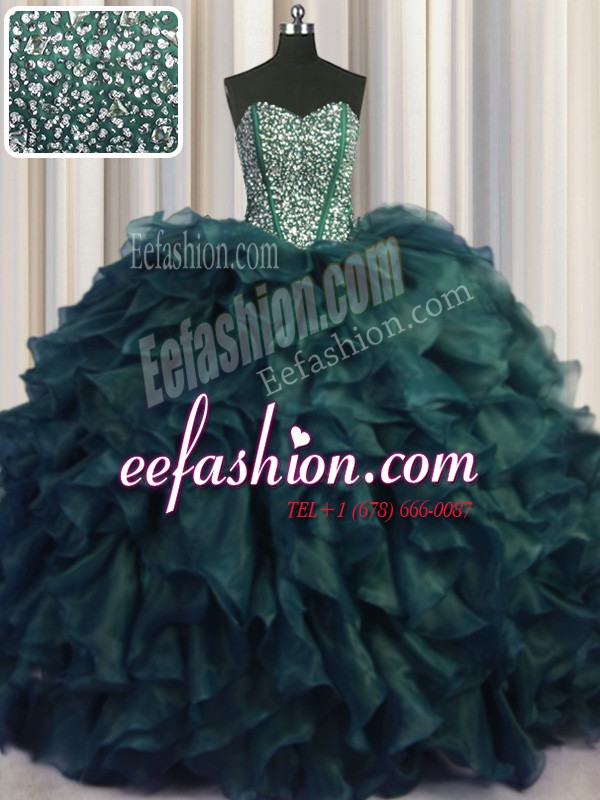 New Style Visible Boning Bling-bling Peacock Green Ball Gowns Organza Sweetheart Sleeveless Beading and Ruffles With Train Lace Up 15 Quinceanera Dress Brush Train