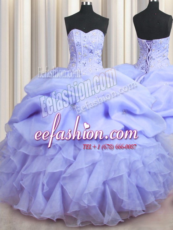 Spectacular Visible Boning Sleeveless Floor Length Beading and Ruffles Lace Up Quinceanera Dress with Lavender