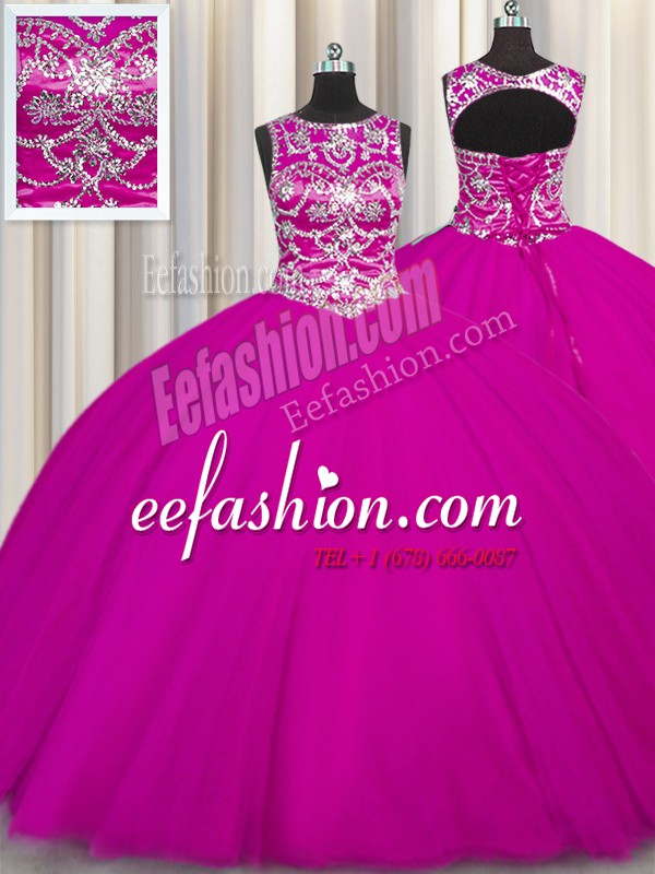 Attractive Scoop Floor Length Lace Up Sweet 16 Dresses Fuchsia for Military Ball and Sweet 16 and Quinceanera with Beading and Appliques
