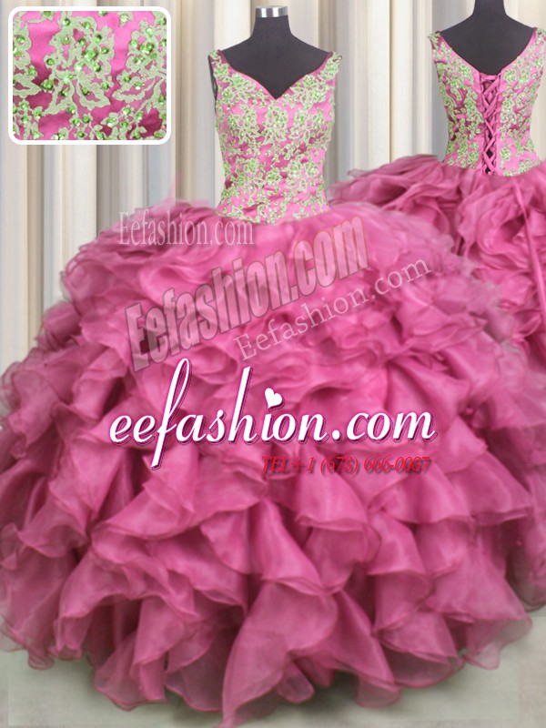  V Neck Rose Pink Sleeveless Beading and Ruffles Floor Length Quinceanera Dresses