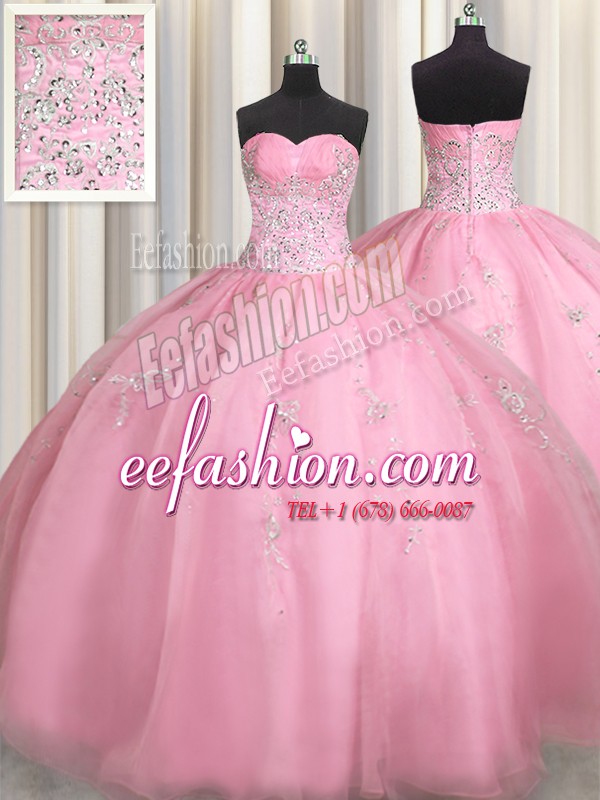 Fabulous Rose Pink Organza Zipper Quinceanera Gowns Sleeveless Floor Length Beading and Appliques
