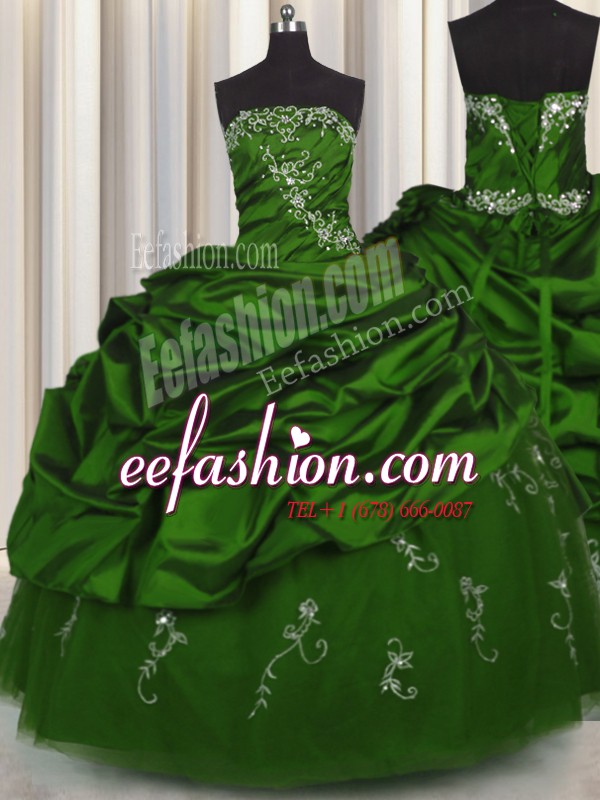  Embroidery Green Lace Up Vestidos de Quinceanera Beading and Appliques and Pick Ups Sleeveless Floor Length
