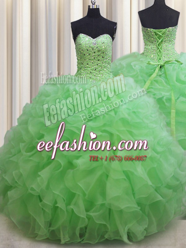 Designer Ball Gowns Organza Sweetheart Sleeveless Beading and Ruffles Floor Length Lace Up Quinceanera Gown