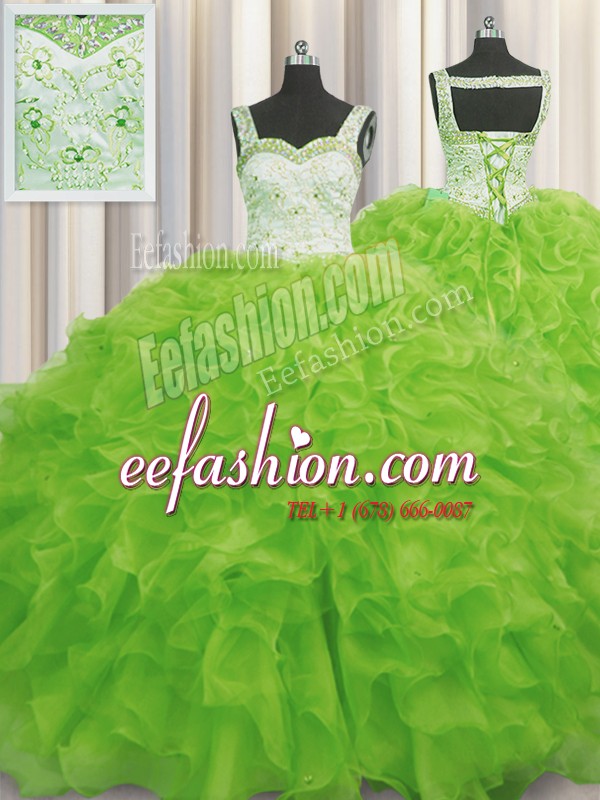  Floor Length Lace Up Quince Ball Gowns Yellow Green for Military Ball and Sweet 16 and Quinceanera with Beading and Ruffles