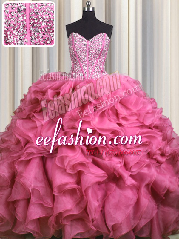 Inexpensive Visible Boning Bling-bling Sleeveless Organza With Brush Train Lace Up Ball Gown Prom Dress in Rose Pink with Beading and Ruffles